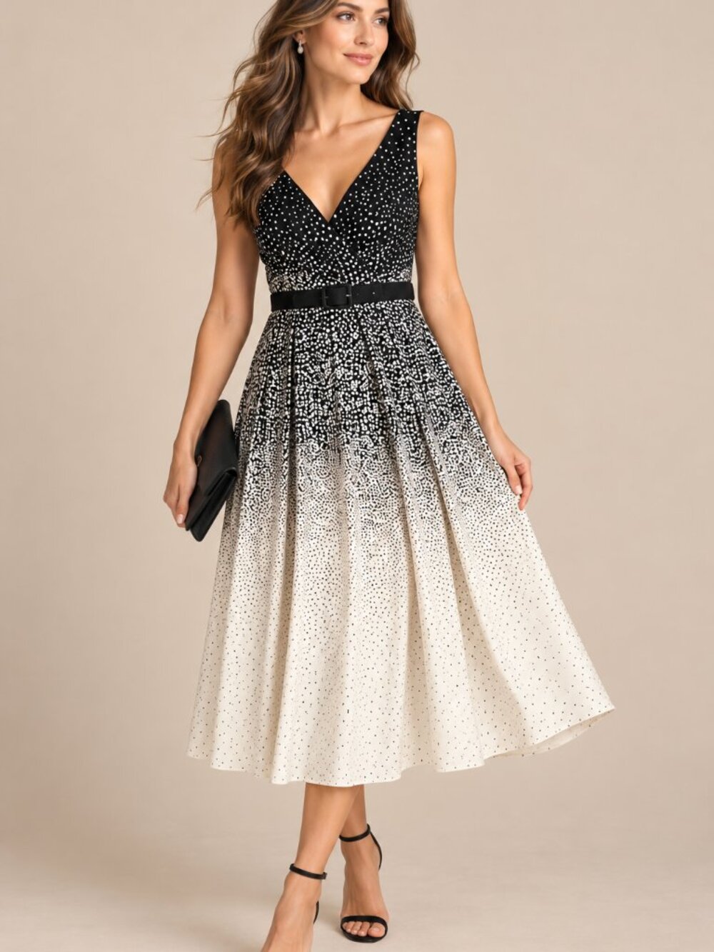 Kay Unger Black White Ombré Belted A-Line Dress Size 6
